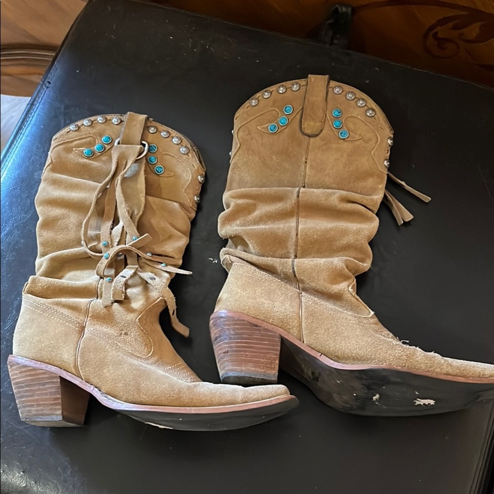 Western Boots with Distressed Leather and Slouched Shaft. Turquoise accents